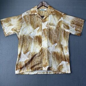 Vintage 60s/70s Penneys XL Brown‎ Tropical Hawaiian Short Sleeve Button-Up Birds